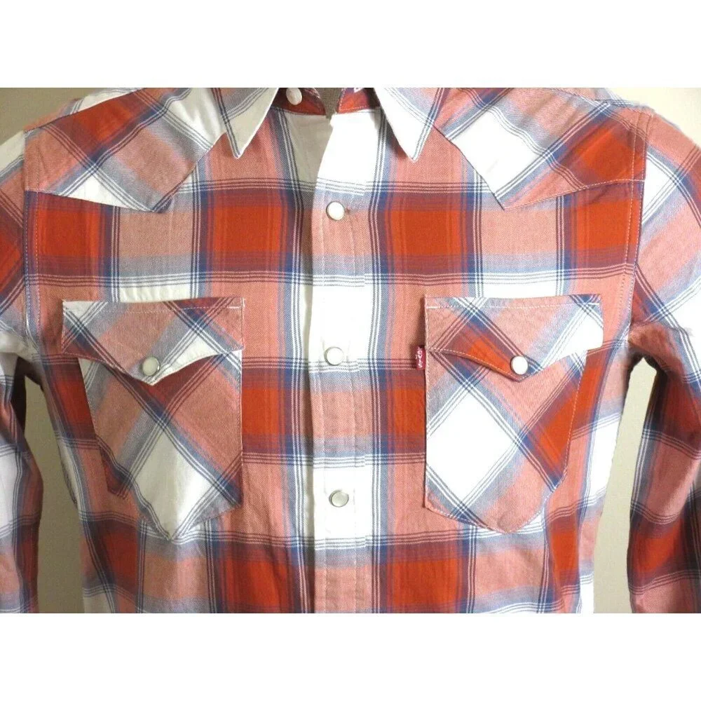 Levi's Men's Western Snap Front Plaid Red White Blue Cotton Shirt Classic NWT